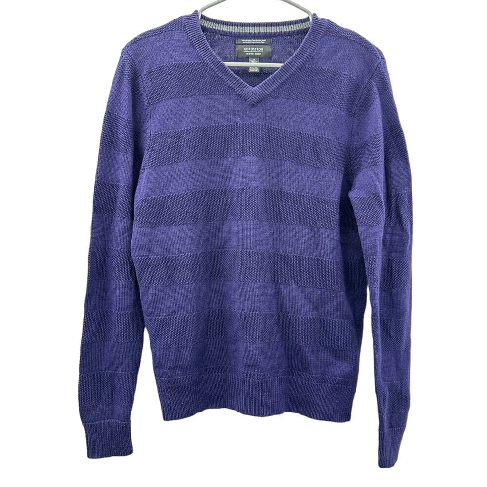 Nordstrom Men's 100% Extra Fine‎ Merino Wool Purple Striped V Neck Sweater Sz S